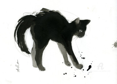 Drawing titled "Chat dynamique 074" by Philippe Alliet, Original Artwork, Ink