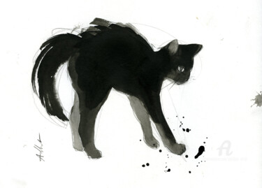 Tekening getiteld "Chat dynamique 074" door Philippe Alliet, Origineel Kunstwerk, Inkt