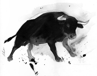 Рисунок под названием "Bull 001" - Philippe Alliet, Подлинное произведение искусства, Чернила Установлен на картон