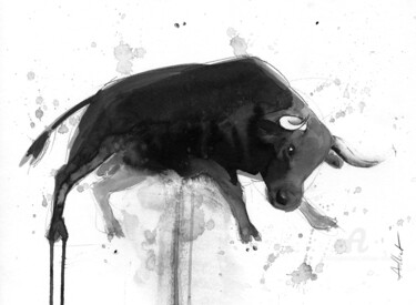 Drawing titled "Bull 002" by Philippe Alliet, Original Artwork, Ink Mounted on Cardboard