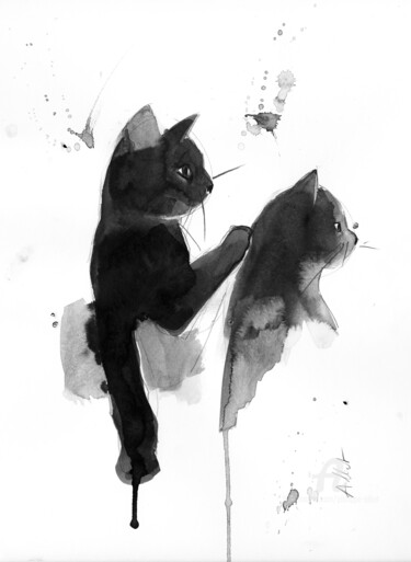 Drawing titled "Chat dynamique 075" by Philippe Alliet, Original Artwork, Ink