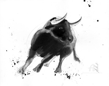 제목이 "Bull 003"인 그림 Philippe Alliet로, 원작, 잉크 판지에 장착됨