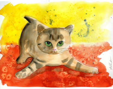 Painting titled "Chat dynamique 0079" by Philippe Alliet, Original Artwork, Watercolor Mounted on Cardboard