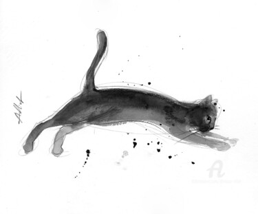 Tekening getiteld "Chat dynamique 0082" door Philippe Alliet, Origineel Kunstwerk, Potlood Gemonteerd op Karton