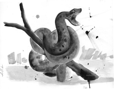 Drawing titled "L'anaconda" by Philippe Alliet, Original Artwork, Pencil Mounted on Cardboard
