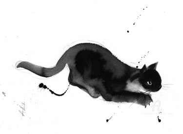 Drawing titled "Chat dynamique 0081" by Philippe Alliet, Original Artwork, Ink Mounted on Cardboard