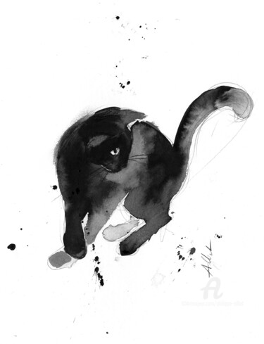 Drawing titled "Chat dynamique 0083" by Philippe Alliet, Original Artwork, Ink Mounted on Cardboard