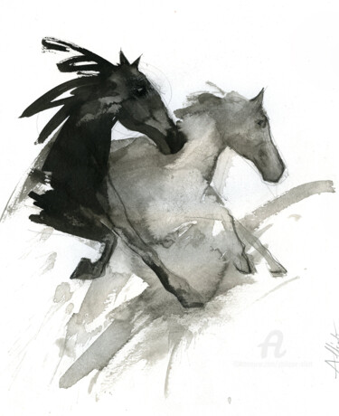 「Rebel horse 032」というタイトルの描画 Philippe Allietによって, オリジナルのアートワーク, インク 段ボールにマウント
