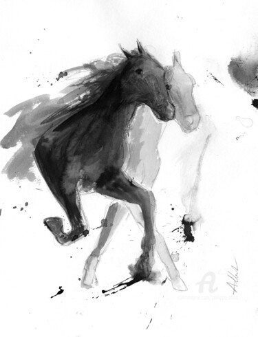 「Rebel horse 0033」というタイトルの描画 Philippe Allietによって, オリジナルのアートワーク, インク 段ボールにマウント