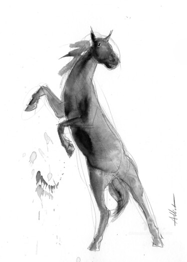 Drawing titled "Rebel horse 0035" by Philippe Alliet, Original Artwork, Ink Mounted on Cardboard