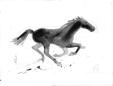 Drawing titled "Rebel horse 0036" by Philippe Alliet, Original Artwork, Ink Mounted on Cardboard