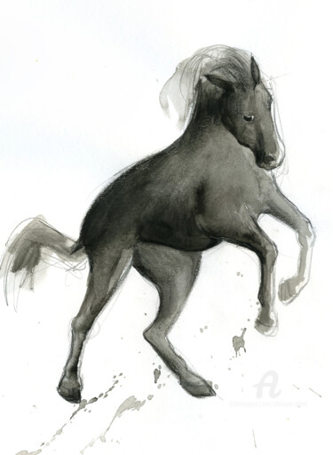 Drawing titled "Cheval rétif 0037" by Philippe Alliet, Original Artwork, Ink Mounted on Cardboard