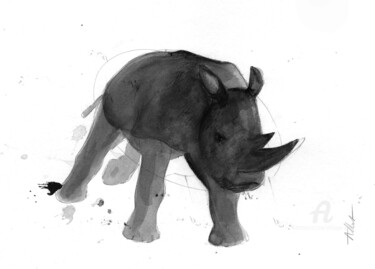 Drawing titled "Rhino dynamique 001" by Philippe Alliet, Original Artwork, Ink Mounted on Cardboard