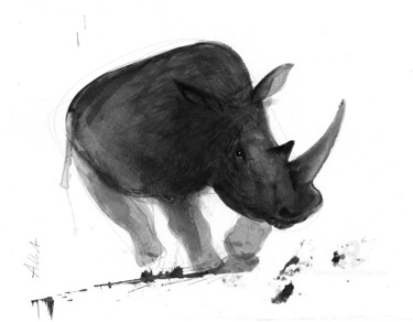Drawing titled "Rhino 2" by Philippe Alliet, Original Artwork, Ink Mounted on Cardboard