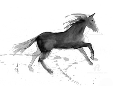 Drawing titled "Cheval rétif 0039" by Philippe Alliet, Original Artwork, Ink Mounted on Cardboard