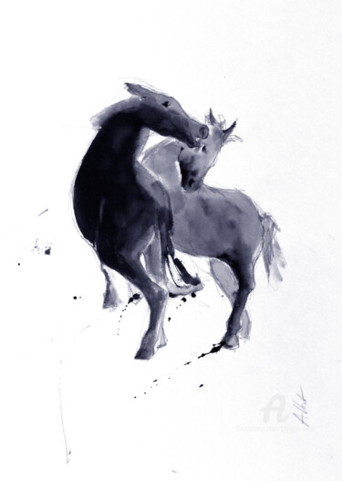 「Rebel horses 041」というタイトルの描画 Philippe Allietによって, オリジナルのアートワーク, インク 段ボールにマウント