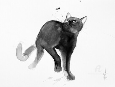 Drawing titled "Chat dynamique 0093" by Philippe Alliet, Original Artwork, Ink Mounted on Cardboard