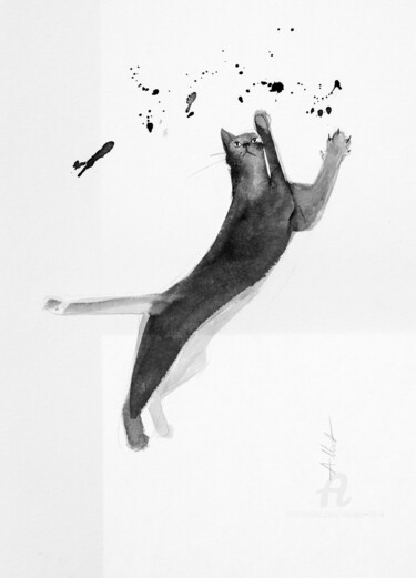 Drawing titled "Chat dynamique 0094" by Philippe Alliet, Original Artwork, Ink Mounted on Cardboard