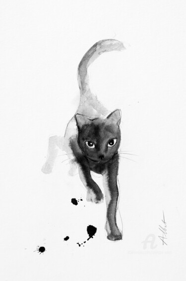 Drawing titled "Chat dynamique 0095" by Philippe Alliet, Original Artwork, Ink Mounted on Cardboard