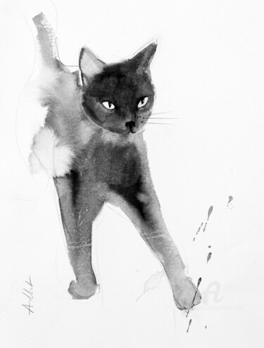 Drawing titled "Chat dynamique 0096" by Philippe Alliet, Original Artwork, Ink Mounted on Cardboard