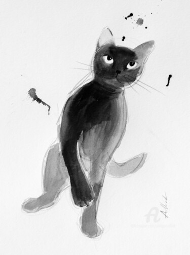 Drawing titled "Chat dynamique 098" by Philippe Alliet, Original Artwork, Ink Mounted on Cardboard