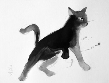 Drawing titled "Chat dynamique 099" by Philippe Alliet, Original Artwork, Ink