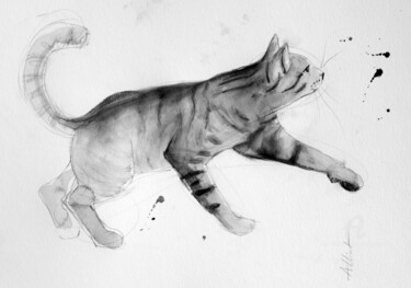 Drawing titled "Chat dynamique N° 1…" by Philippe Alliet, Original Artwork, Ink Mounted on Cardboard