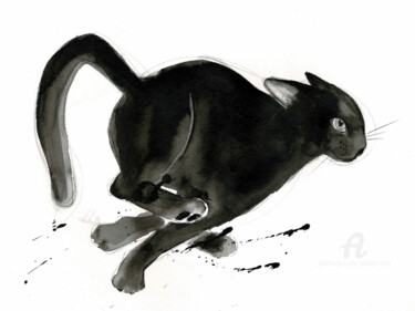 Drawing titled "Chat dynamique N°103" by Philippe Alliet, Original Artwork, Ink Mounted on Cardboard