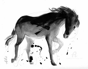 Drawing titled "Cheval rétif...x" by Philippe Alliet, Original Artwork, Ink Mounted on Cardboard