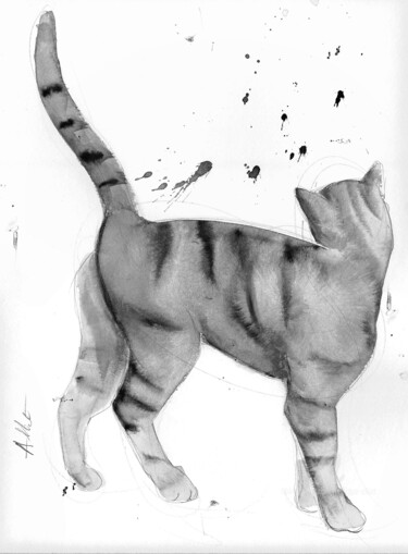 Drawing titled "Chat dynamique 0112" by Philippe Alliet, Original Artwork, Ink Mounted on Cardboard