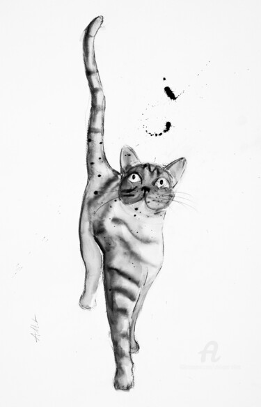 Drawing titled "Chat dynamique 0113" by Philippe Alliet, Original Artwork, Ink Mounted on Cardboard