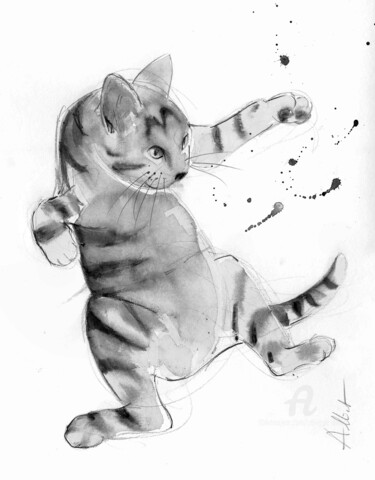 Disegno intitolato "Chat dynamique 0114…" da Philippe Alliet, Opera d'arte originale, Inchiostro Montato su Cartone