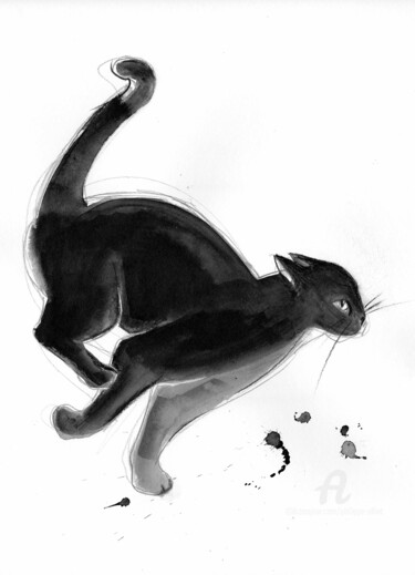 Tekening getiteld "Chat dynamique 0115" door Philippe Alliet, Origineel Kunstwerk, Inkt Gemonteerd op Karton