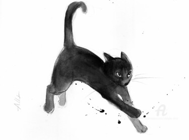 Drawing titled "Chat dynamique 0116" by Philippe Alliet, Original Artwork, Ink Mounted on Cardboard