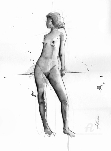 Zeichnungen mit dem Titel "Last nude -DI 00x" von Philippe Alliet, Original-Kunstwerk, Tinte Auf Karton montiert