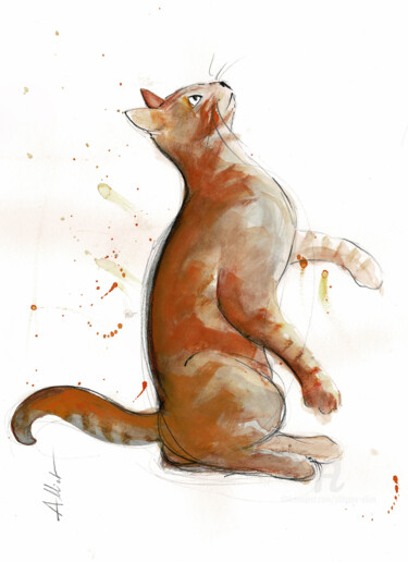 Drawing titled "Chat dynamique N°01…" by Philippe Alliet, Original Artwork, Watercolor