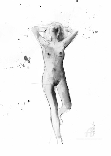 Drawing titled "Last nude-DI00y" by Philippe Alliet, Original Artwork, Ink Mounted on Cardboard