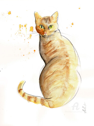 Drawing titled "Chat dynamique 119" by Philippe Alliet, Original Artwork, Watercolor Mounted on Cardboard