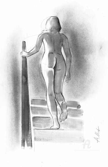 Desenho intitulada "Nu montant un escal…" por Philippe Alliet, Obras de arte originais, Tinta Montado em Cartão