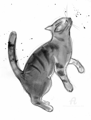 Disegno intitolato "Chat dynamique n° 1…" da Philippe Alliet, Opera d'arte originale, Inchiostro Montato su Cartone