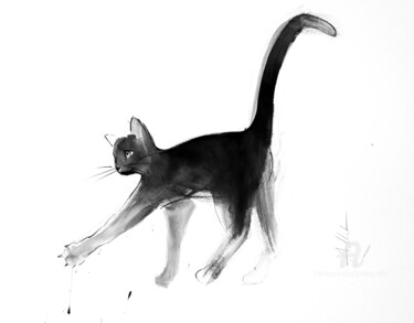 Desenho intitulada "Chat dynamique 0125" por Philippe Alliet, Obras de arte originais, Tinta Montado em Cartão