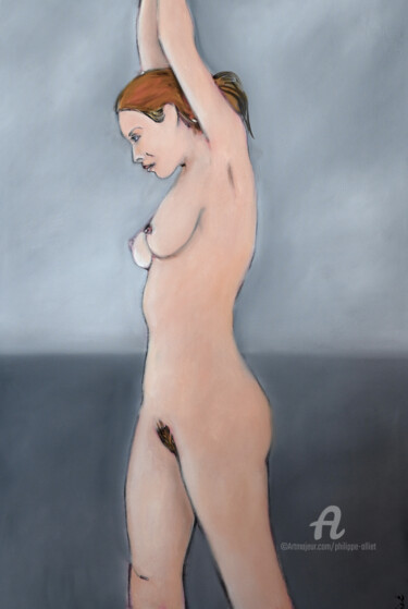 Painting titled "Nu sur fond gris N°1" by Philippe Alliet, Original Artwork, Oil Mounted on Wood Stretcher frame