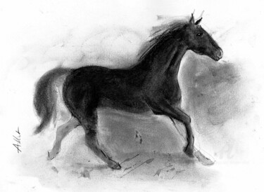 Drawing titled "Rebel horse -025" by Philippe Alliet, Original Artwork, Charcoal Mounted on Cardboard
