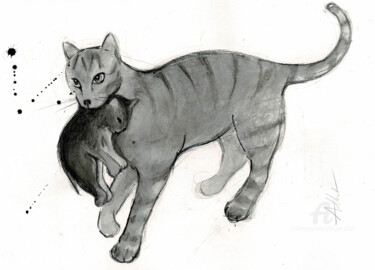 Zeichnungen mit dem Titel "Chatte et chaton" von Philippe Alliet, Original-Kunstwerk, Tinte