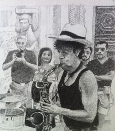 Dessin intitulée "Ferrare 2015 le saxo" par Philippe Barluet, Œuvre d'art originale, Crayon