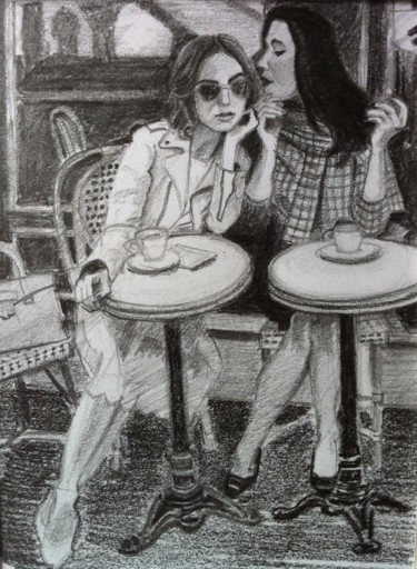 Drawing titled "L'heure du café "en…" by Philippe Barluet, Original Artwork, Pencil
