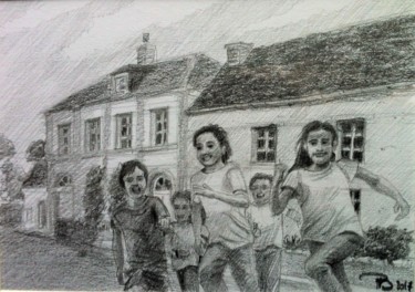 Dessin intitulée ""Sortie d'école"" par Philippe Barluet, Œuvre d'art originale, Crayon