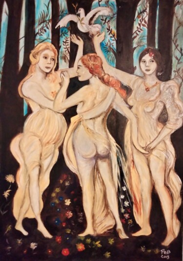 Peinture intitulée "les 3 graces et la…" par Philippe Bayle (chatinspire), Œuvre d'art originale, Huile Monté sur Châssis en…