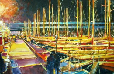 Pintura intitulada "le soir voiliers à…" por Philippe Brobeck, Obras de arte originais, Guache