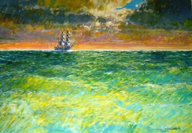 Peinture intitulée "trois mats à la mer…" par Philippe Brobeck, Œuvre d'art originale, Gouache